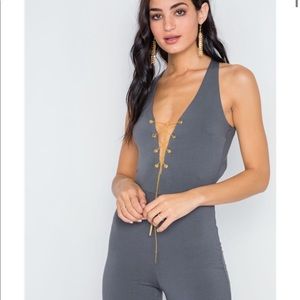 Dark grey gold chain lace up sexy jumpsuit